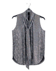 Shimmer Sequin - Mock Neck-Tie Detail Top - Silver Pinstripe