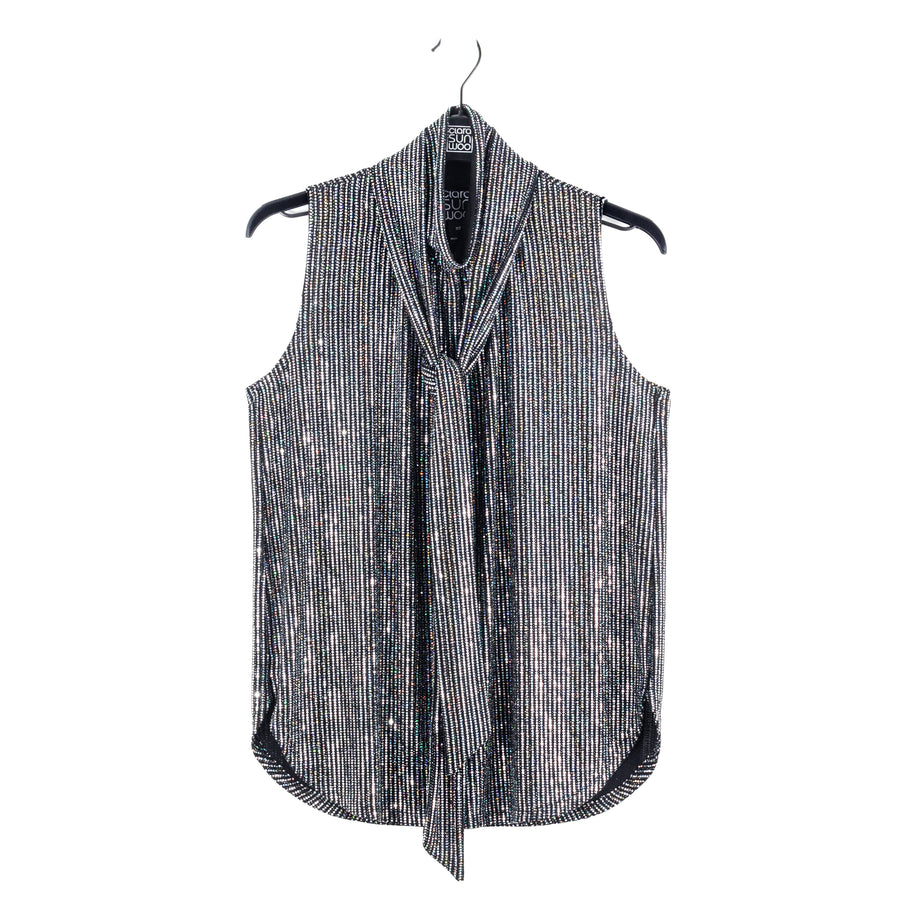 Shimmer Sequin - Mock Neck-Tie Detail Top - Silver Pinstripe