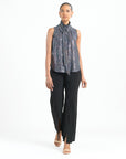 Shimmer Sequin - Mock Neck-Tie Detail Top - Silver Pinstripe