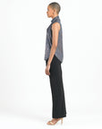 Shimmer Sequin - Mock Neck-Tie Detail Top - Silver Pinstripe