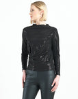 Shimmer Embellished - High Boat Neck Side Draped Top - Black - Final Sale!