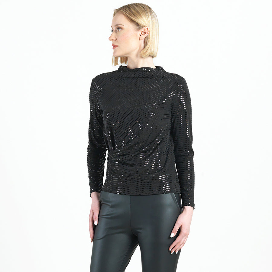 Shimmer Embellished - High Boat Neck Side Draped Top - Black - Final Sale!