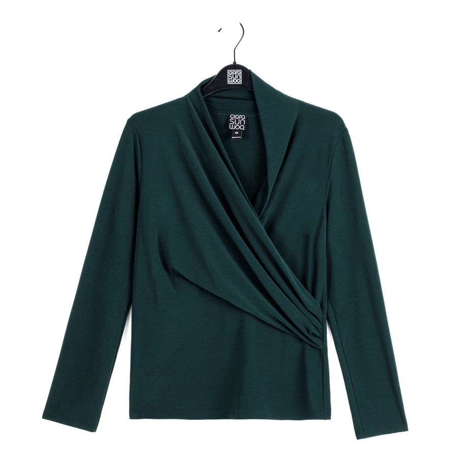 V-Neck Draped Pleat Top - Hunter Green