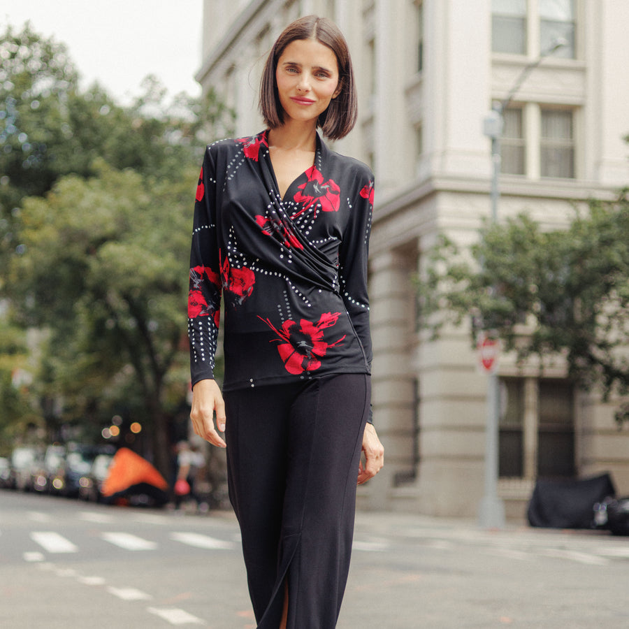 V-Neck Draped Pleat Top - Polka Poppy