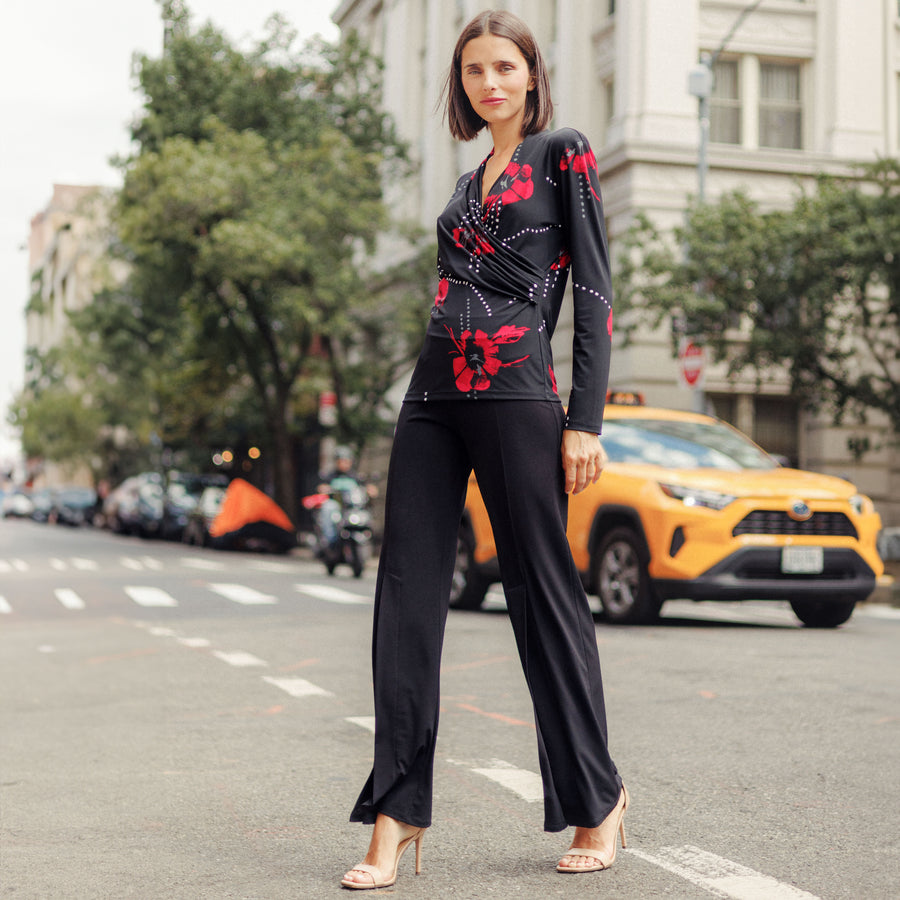 V-Neck Draped Pleat Top - Polka Poppy