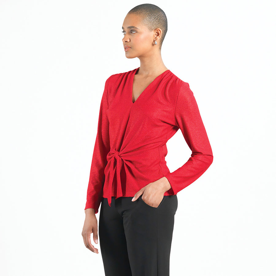 Glimmer Speck - V-Neck Center Front Tie Top - Red