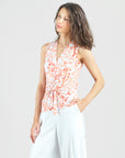 Sleeveless V-Neck Center Front Tie Top - Damask Motif