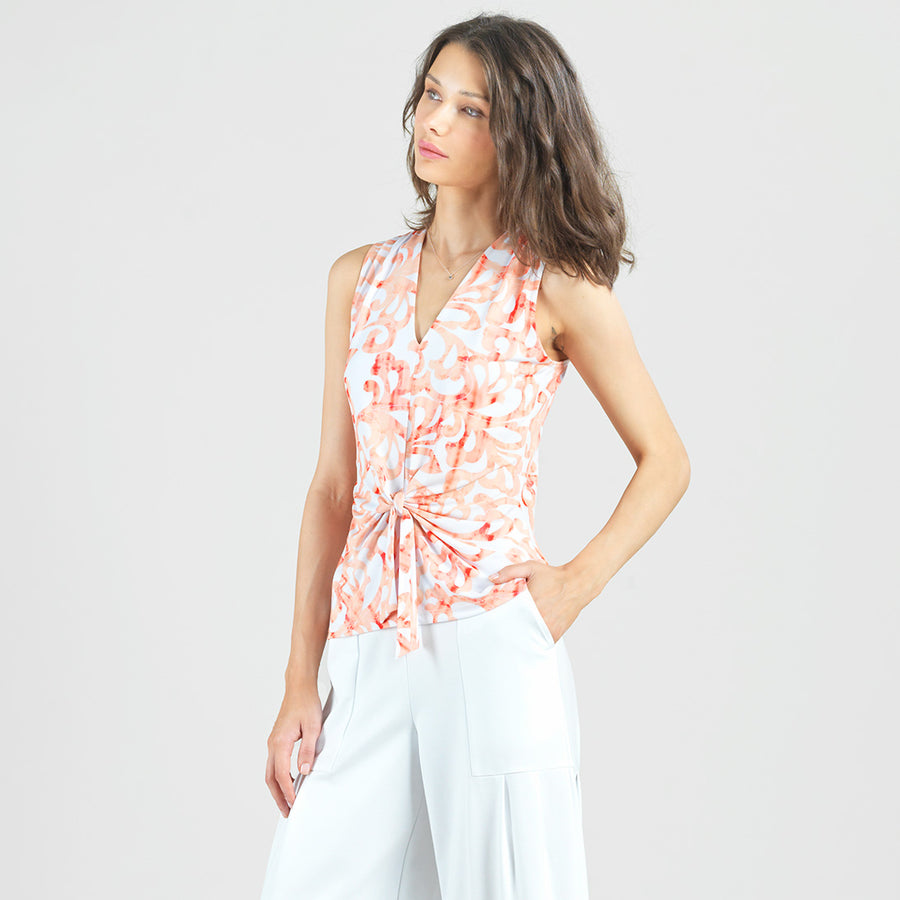 Sleeveless V-Neck Center Front Tie Top - Damask Motif