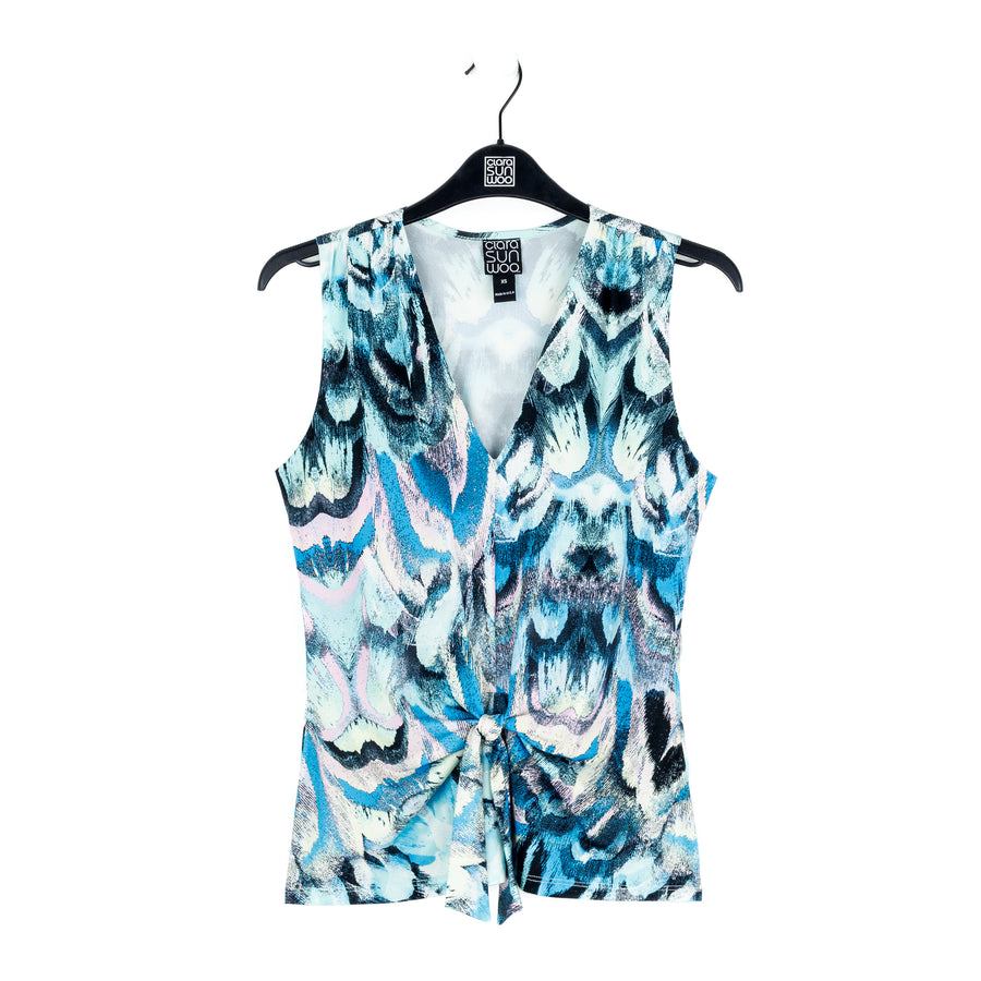 Sleeveless V-Neck Center Front Tie Top - Abstract Prism