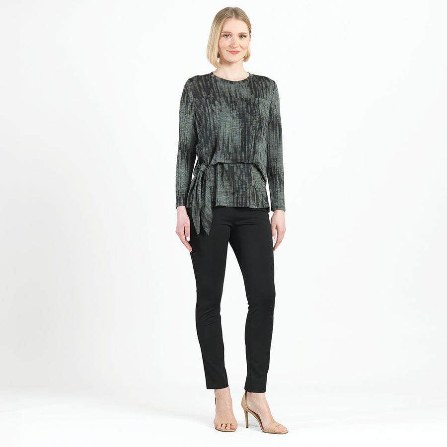 Crinkle Pleat - Blouson Overlay Side Tie Detail Top - Water Ripple-Olive