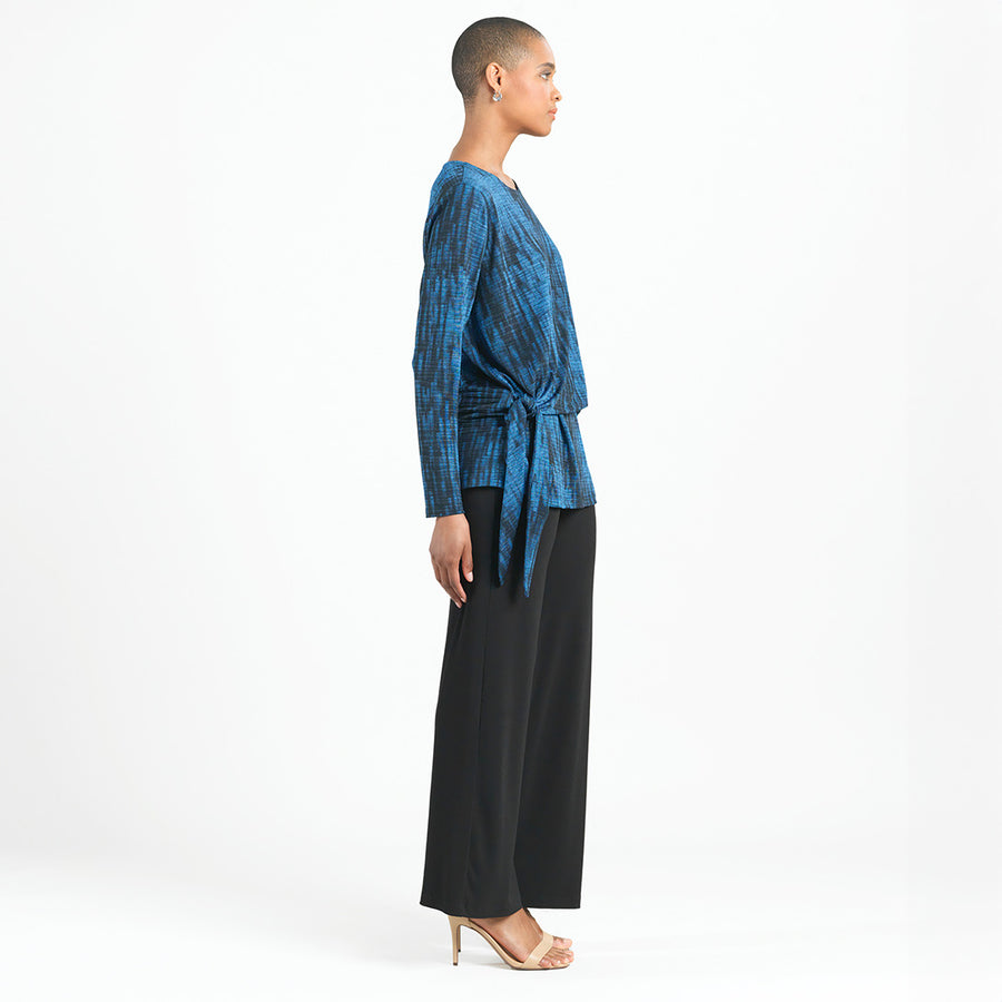 Crinkle Pleat - Blouson Overlay Side Tie Detail Top - Water Ripple-Cobalt