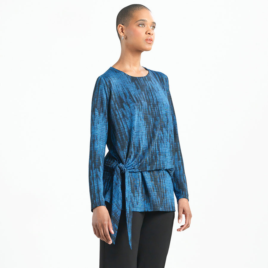 Crinkle Pleat - Blouson Overlay Side Tie Detail Top - Water Ripple-Cobalt