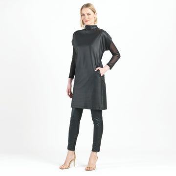 Liquid Leather™ - High Neck Tunic Pocket Dress - Black - Limited Sizes!