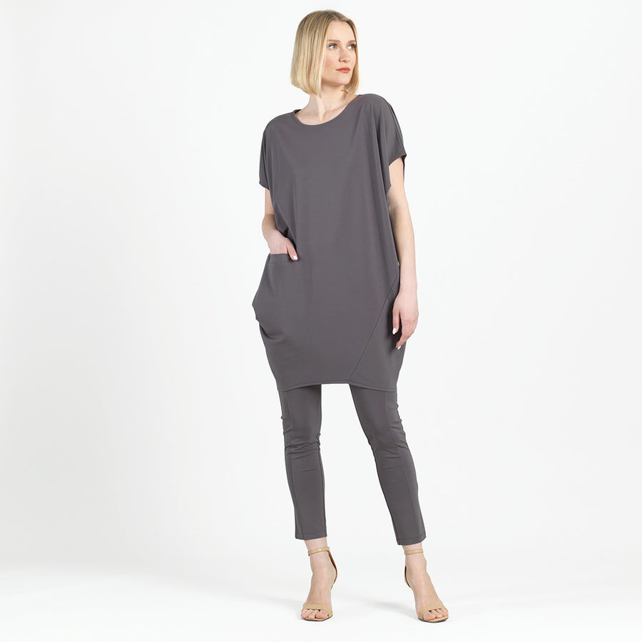 Rayon-Ponte Knit - Architectural Tunic Pocket Dress - Mocha