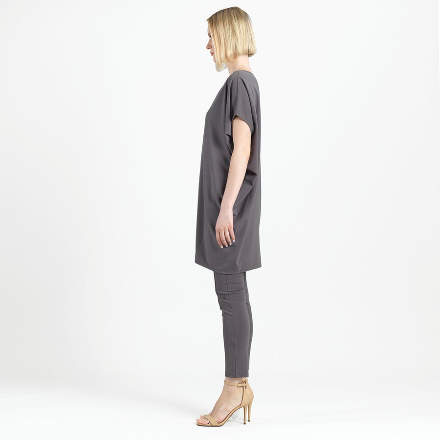 Rayon-Ponte Knit - Architectural Tunic Pocket Dress - Mocha