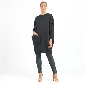 Rayon-Ponte Knit - Architectural Tunic Pocket Dress - Black