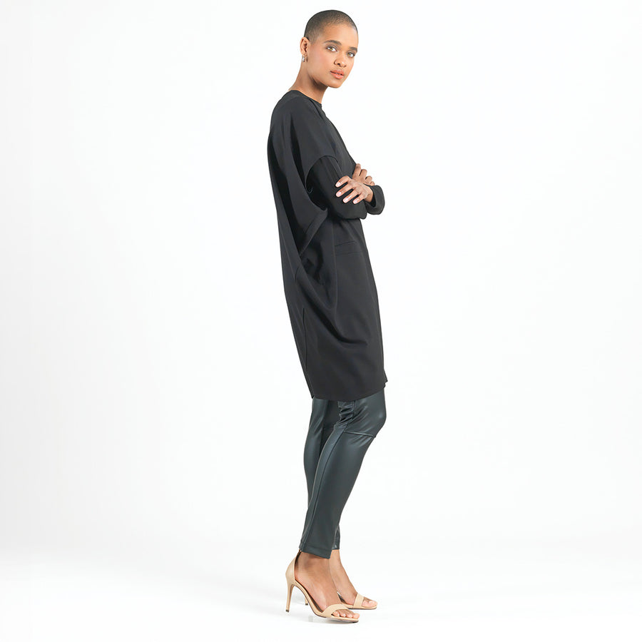 Rayon-Ponte Knit - Architectural Tunic Pocket Dress - Black