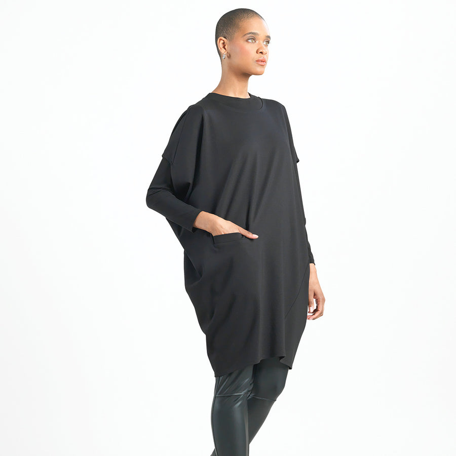 Rayon-Ponte Knit - Architectural Tunic Pocket Dress - Black