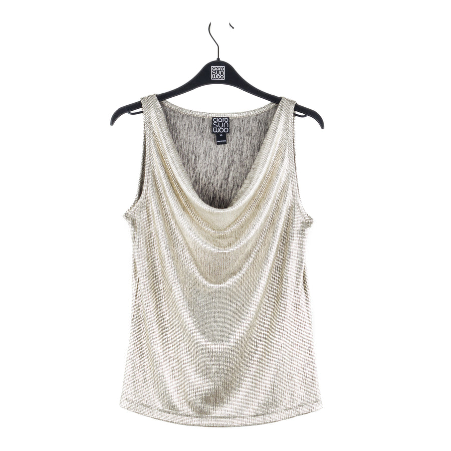 Shimmer Foil Lamé - Cowl Neck Draped Tank - Champagne - Limited Sizes - XS, XL