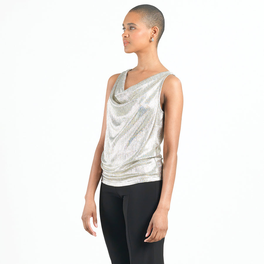 Shimmer Foil Lamé - Cowl Neck Draped Tank - Champagne - Limited Sizes - XS, XL