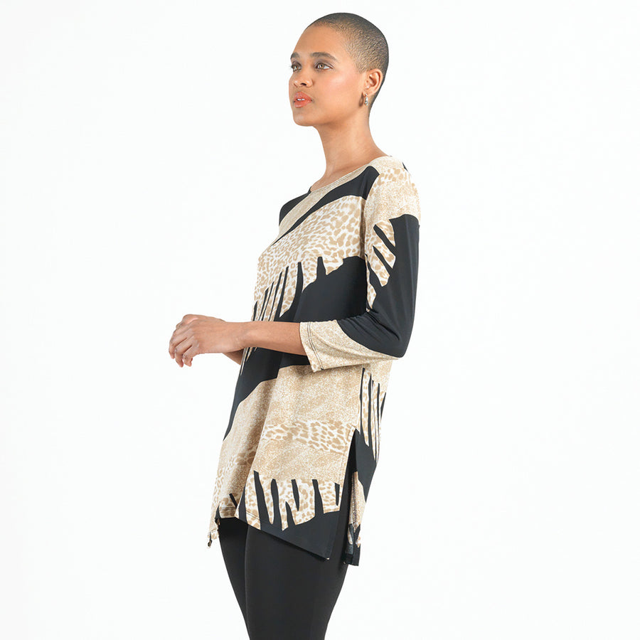 Side Vent Kerchief Hem Tunic - Safari Patch