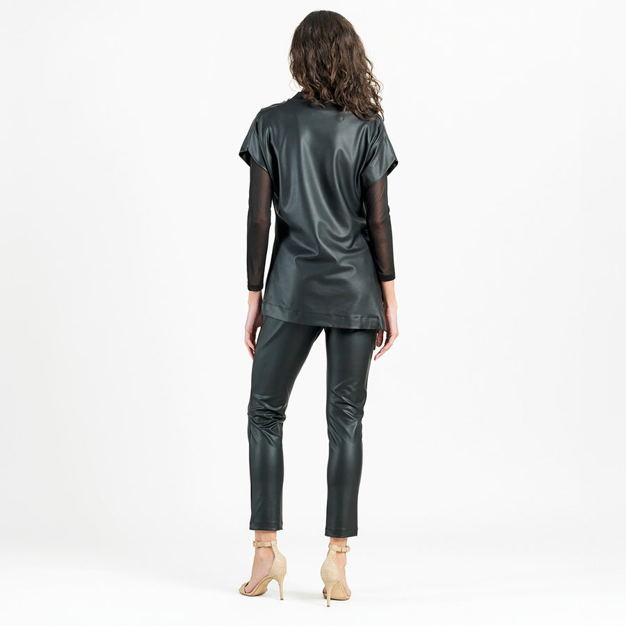 Liquid Leather™ - Funnel Neck Side Vent Tie Tunic - Black - Final Sale!