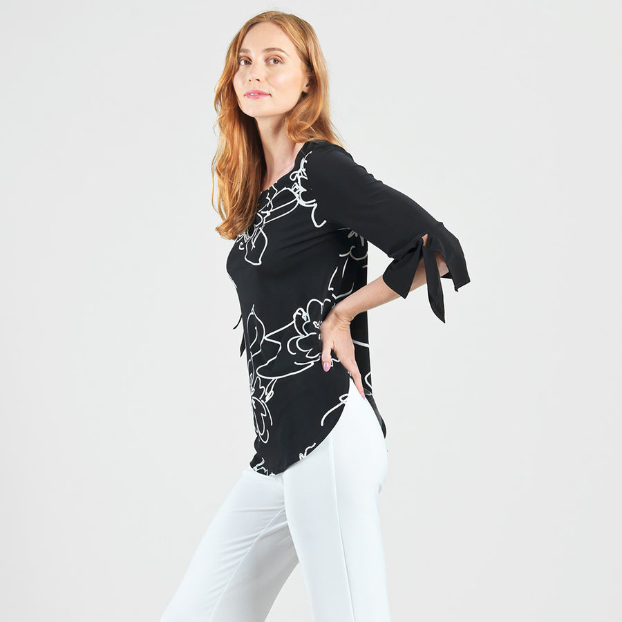 Crepe Knit - Tie Cuff Curved Hem Tunic - Blossom Sketch