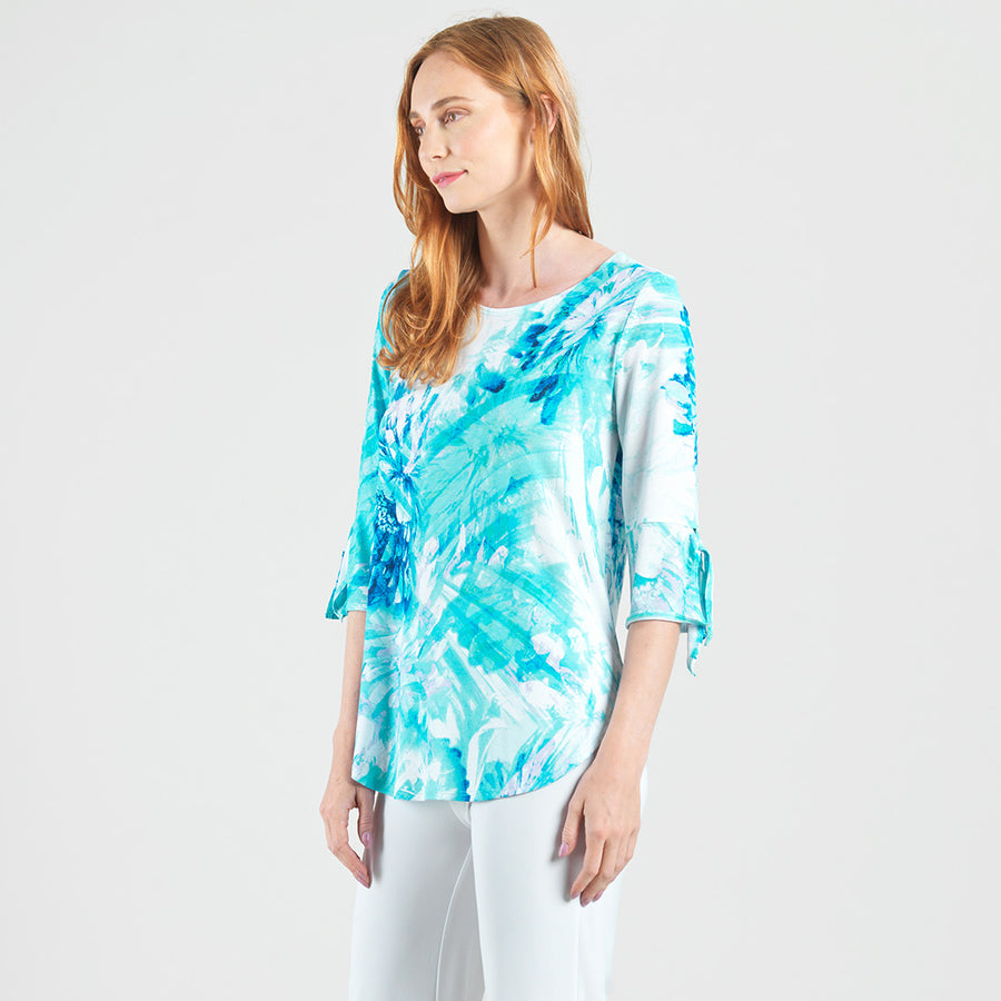 Tie Cuff Curved Hem Tunic - Ocean Petal