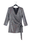 Shimmer Sequin - Faux Wrap Side Tie Tunic - Silver Pinstripe