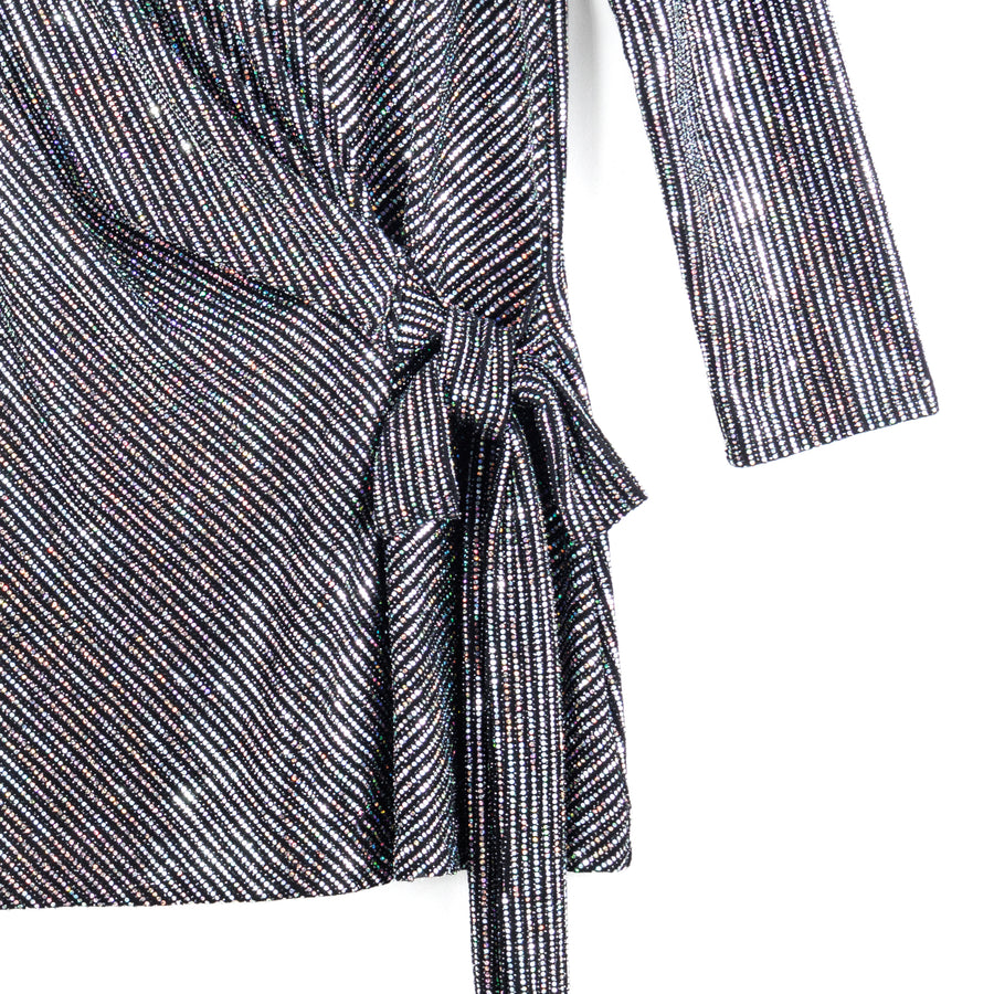 Shimmer Sequin - Faux Wrap Side Tie Tunic - Silver Pinstripe