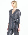 Shimmer Sequin - Faux Wrap Side Tie Tunic - Silver Pinstripe