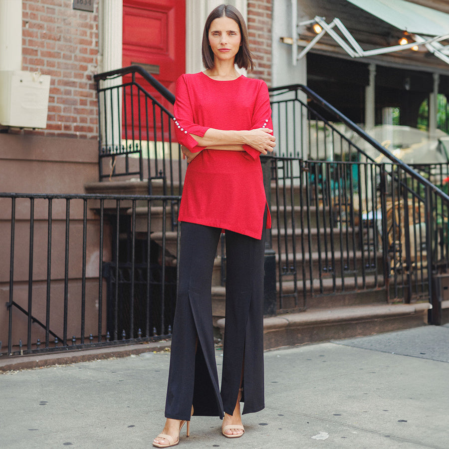 Glimmer Speck - Pearl Cuff Asymmetrical Reverse Hi-Low Tunic - Red