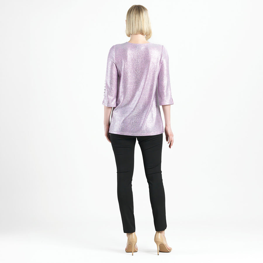 Glitter Foil - Pearl Cuff Asymmetrical Reverse Hi-Low Tunic - Pink